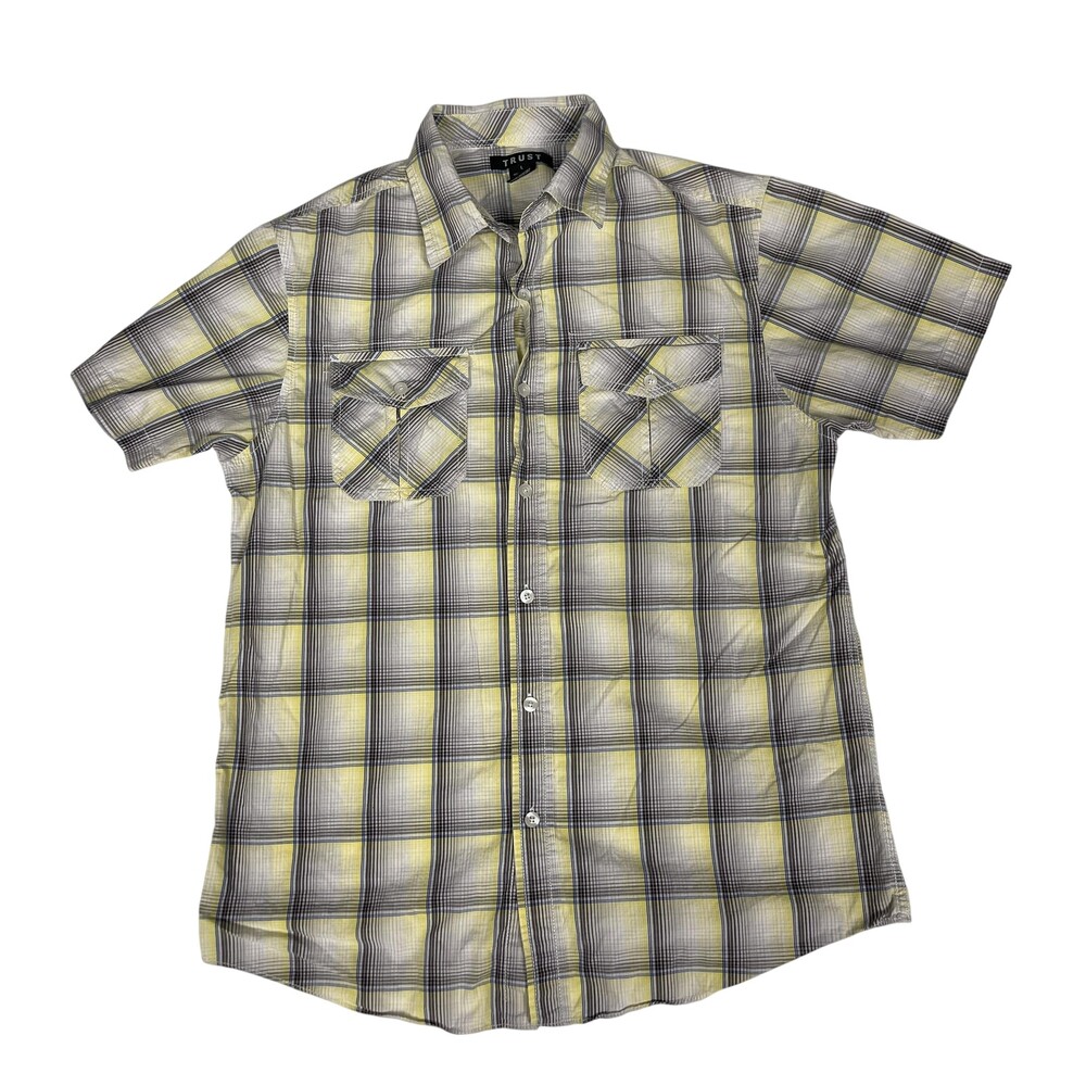 Trust Shirt Mens Large Yellow Gray Plaid Short Sleeve Button Front Casual